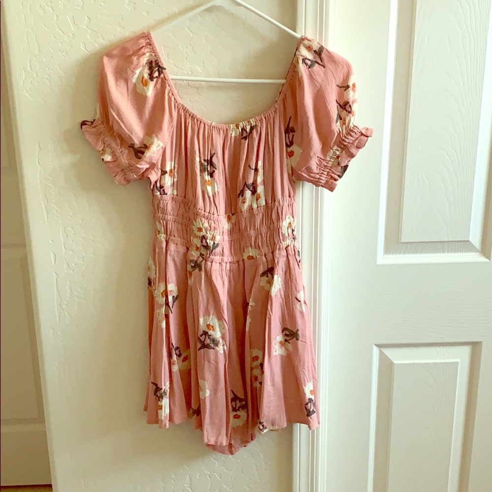 Pink floral off the shoulder romper